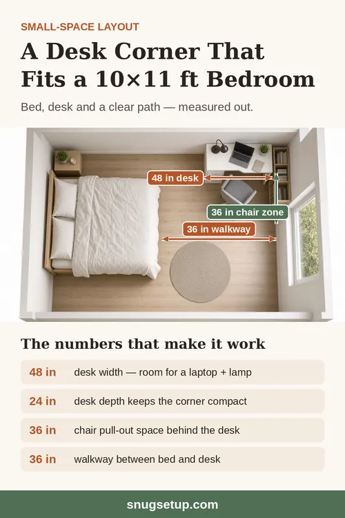 Pinterest graphic: A desk corner that fits a 10×11 ft bedroom. Overhead room photo labelled 48 in desk, 36 in chair zone and 36 in walkway, with a list of the numbers that make it work.