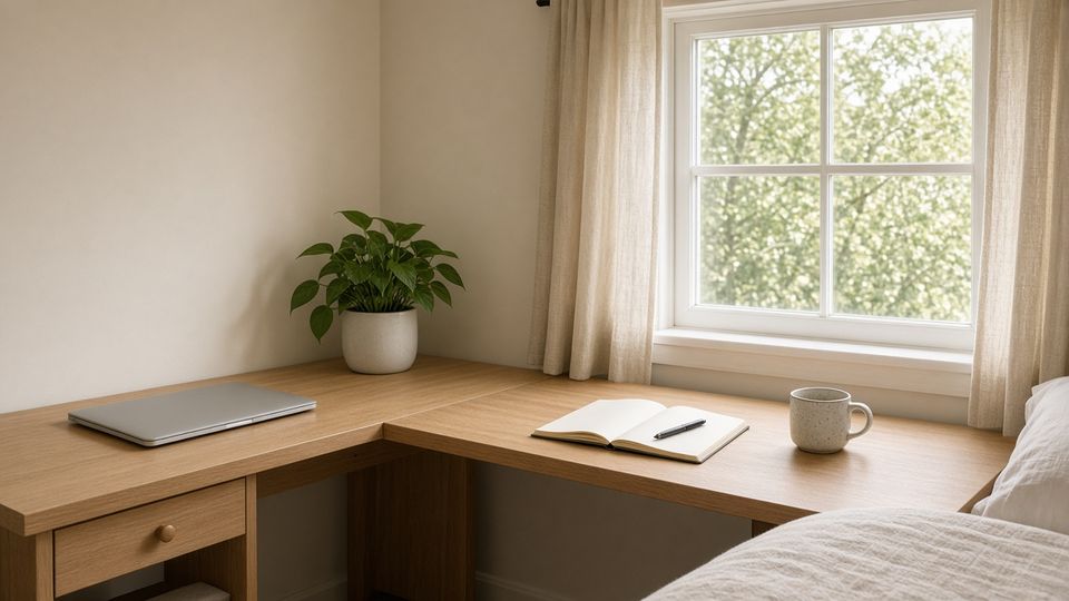A light-wood L-shaped desk fitted into the corner of a small bedroom under a window, with a closed laptop on one side, an open notebook and a mug on the other, and a potted plant in the corner.