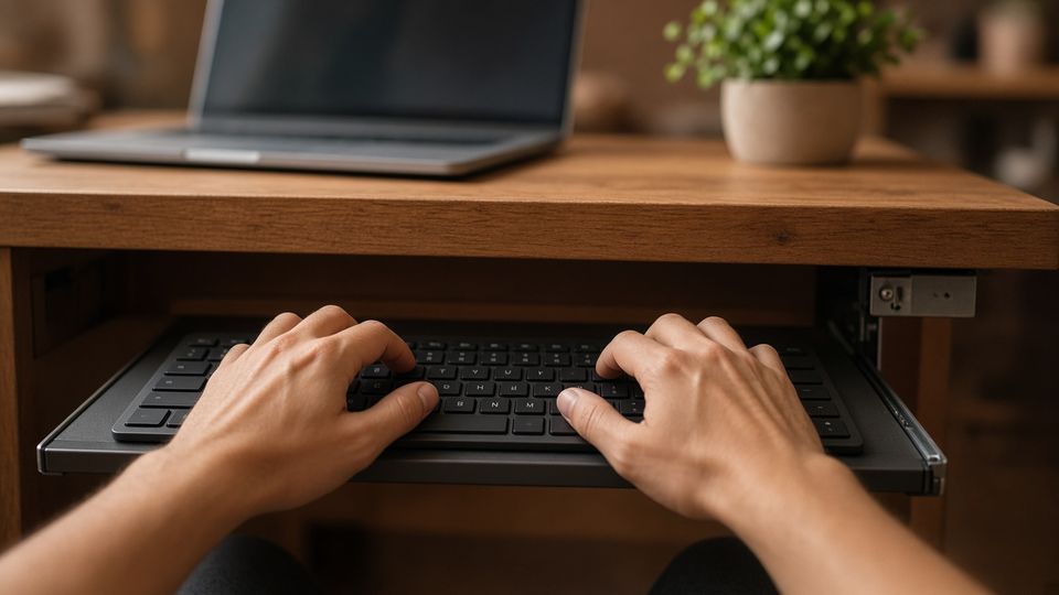 Hands typing on a keyboard on a slim pull-out tray under a wooden desk, with a laptop and a small plant on the desktop above.
