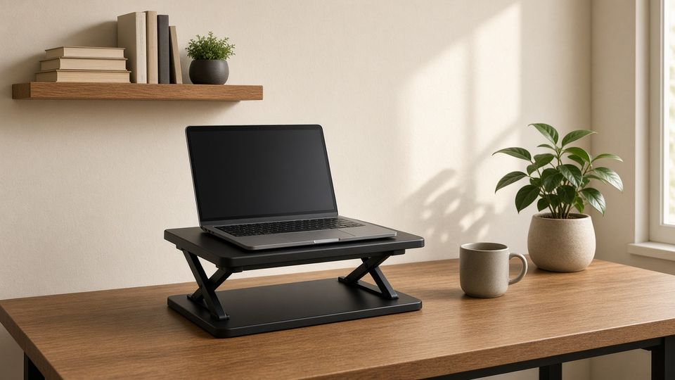 A laptop raised on a plain black sit-stand riser on top of a wooden desk against a cream wall, next to a mug and a potted plant, below a floating shelf with books.