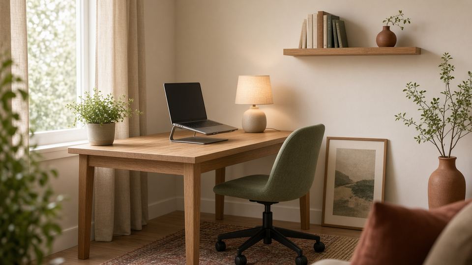 A small, sunlit home office: a light wood desk by a window with a laptop on a stand and a linen table lamp, a sage-green task chair, a floating bookshelf and potted plants.