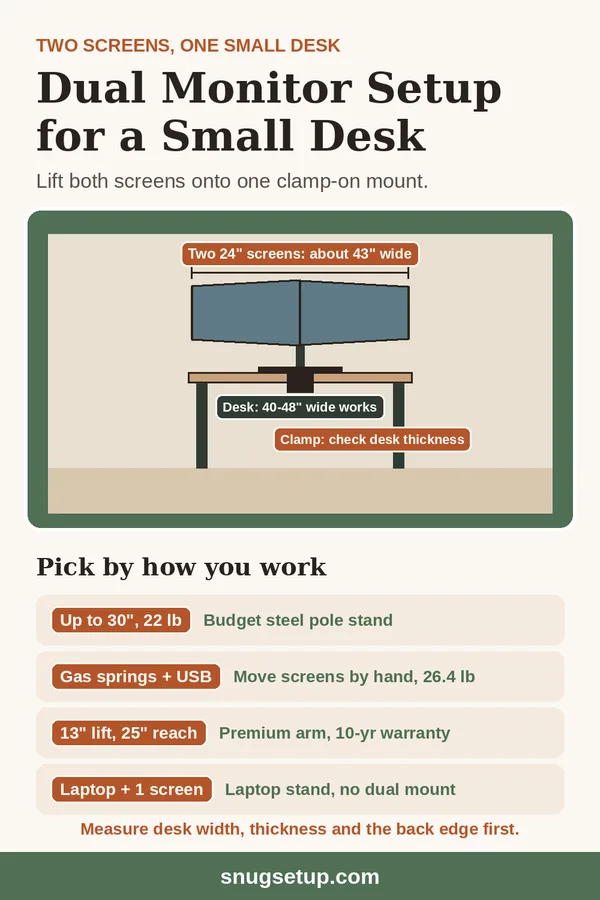 Pin: Dual Monitor Setup for a Small Desk: How to Fit Two Screens (Plus 3 Dual Mounts)