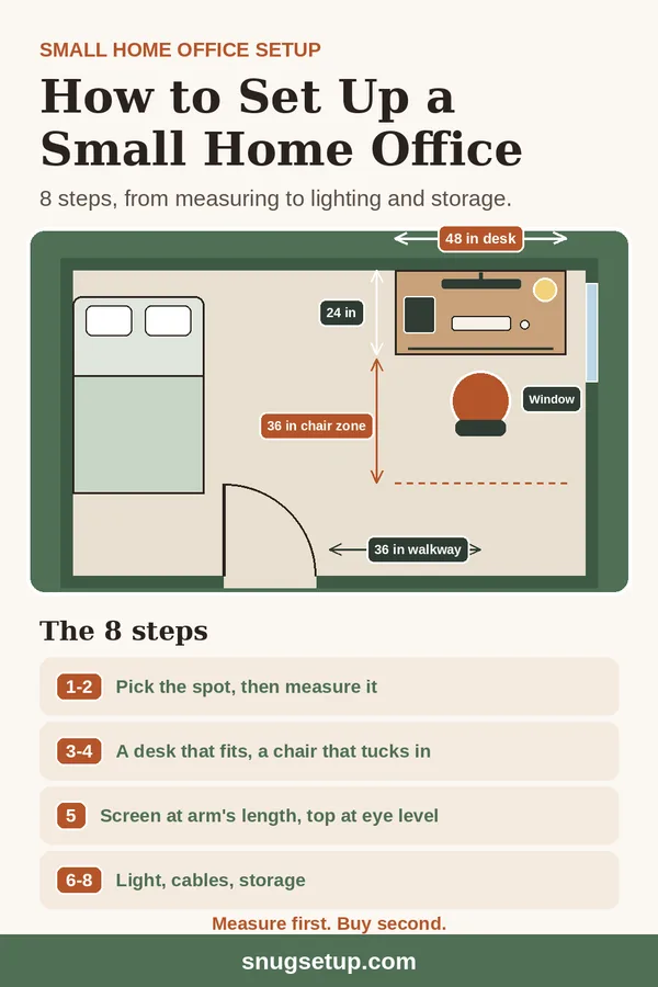Pin: How to Set Up a Small Home Office: 8 Steps, From Measuring to Lighting and Storage