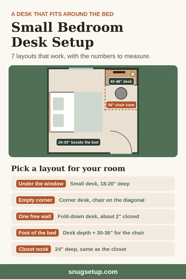 Pin: Small Bedroom Desk Setup: 7 Layouts That Work (With Measurements and a Desk for Each)
